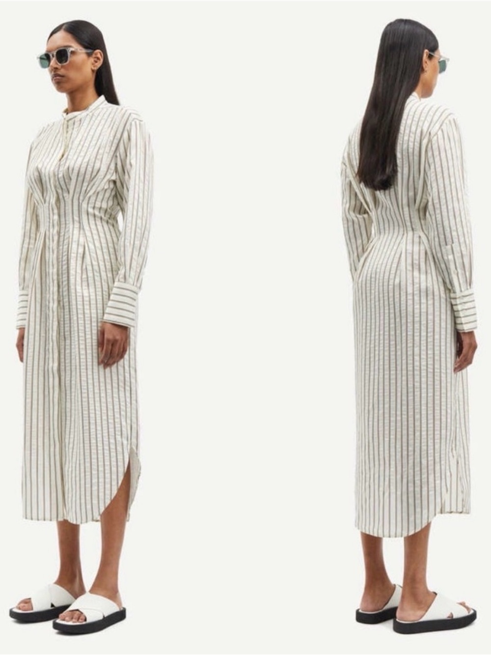 Samsoe Samsøe Sabosse Striped Midi Shirt Dress Pleated Small Pockets Luxury Boho